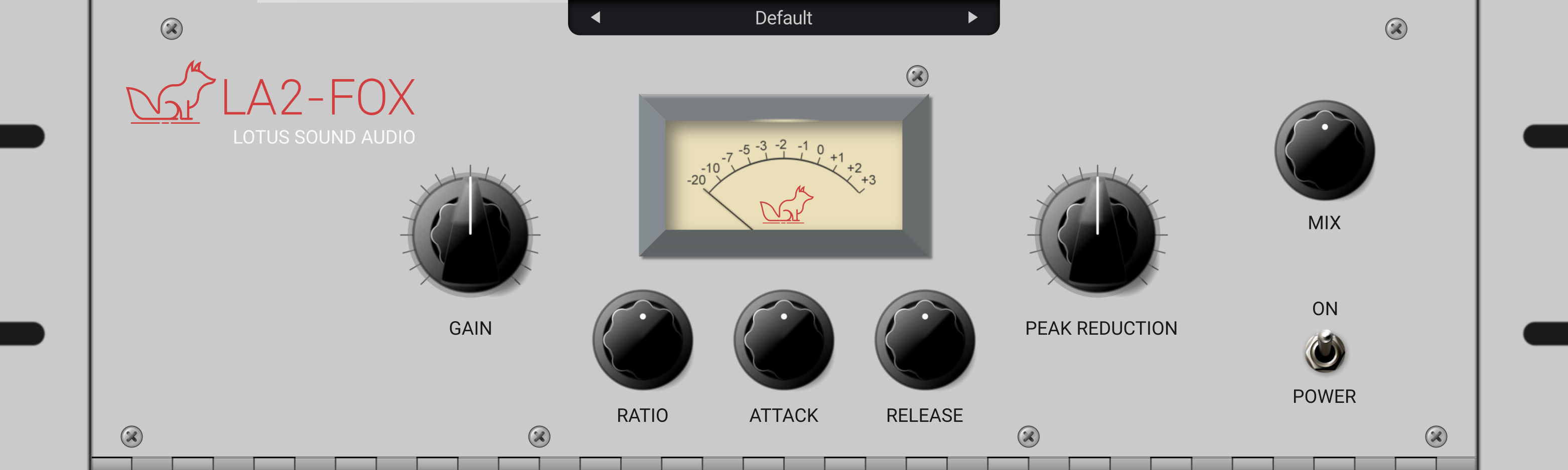 The graphical user interface of a compressor digital audio effect plugin