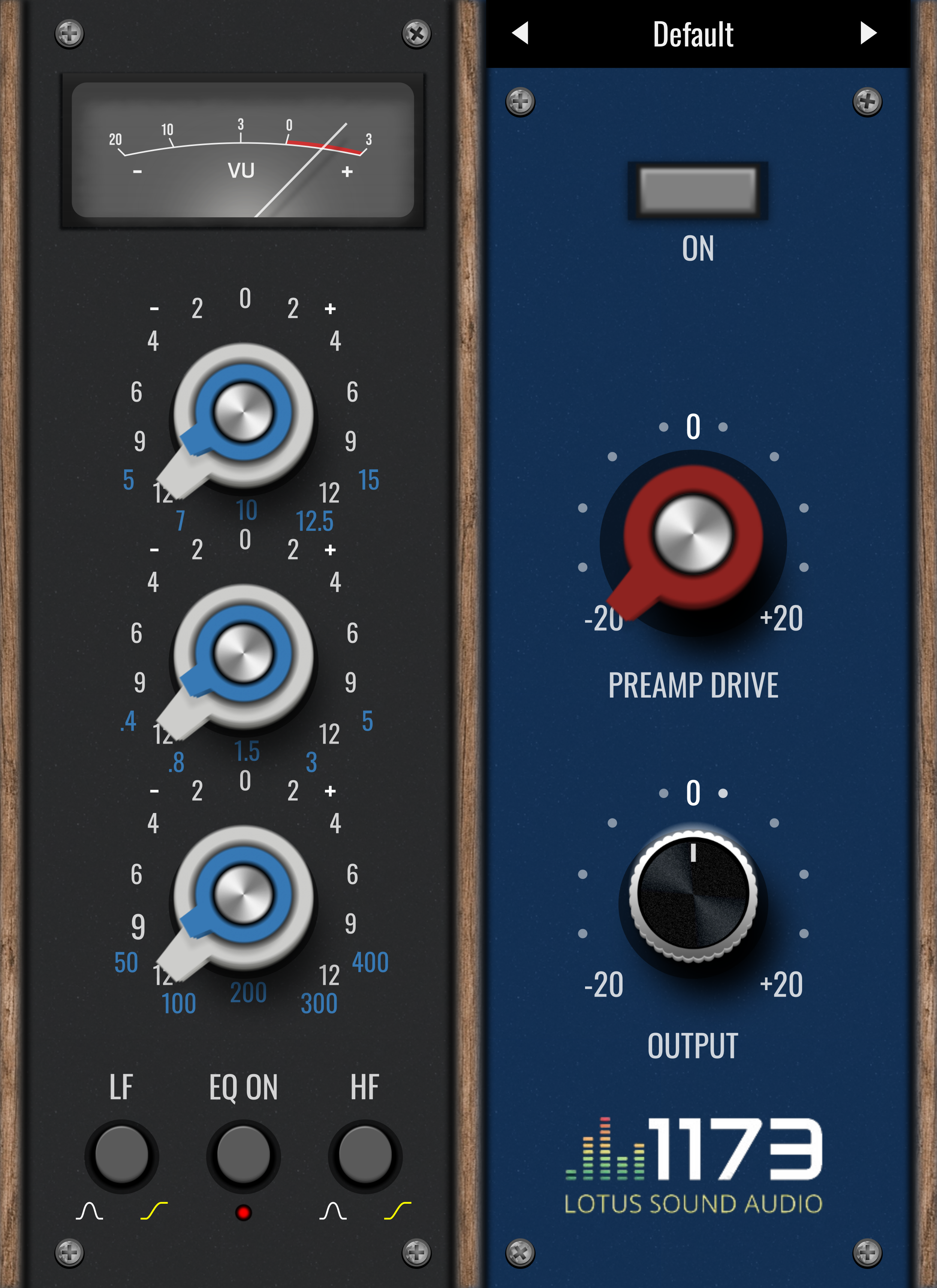 The graphical user interface for an equaliser and preamp digital audio effect plugin