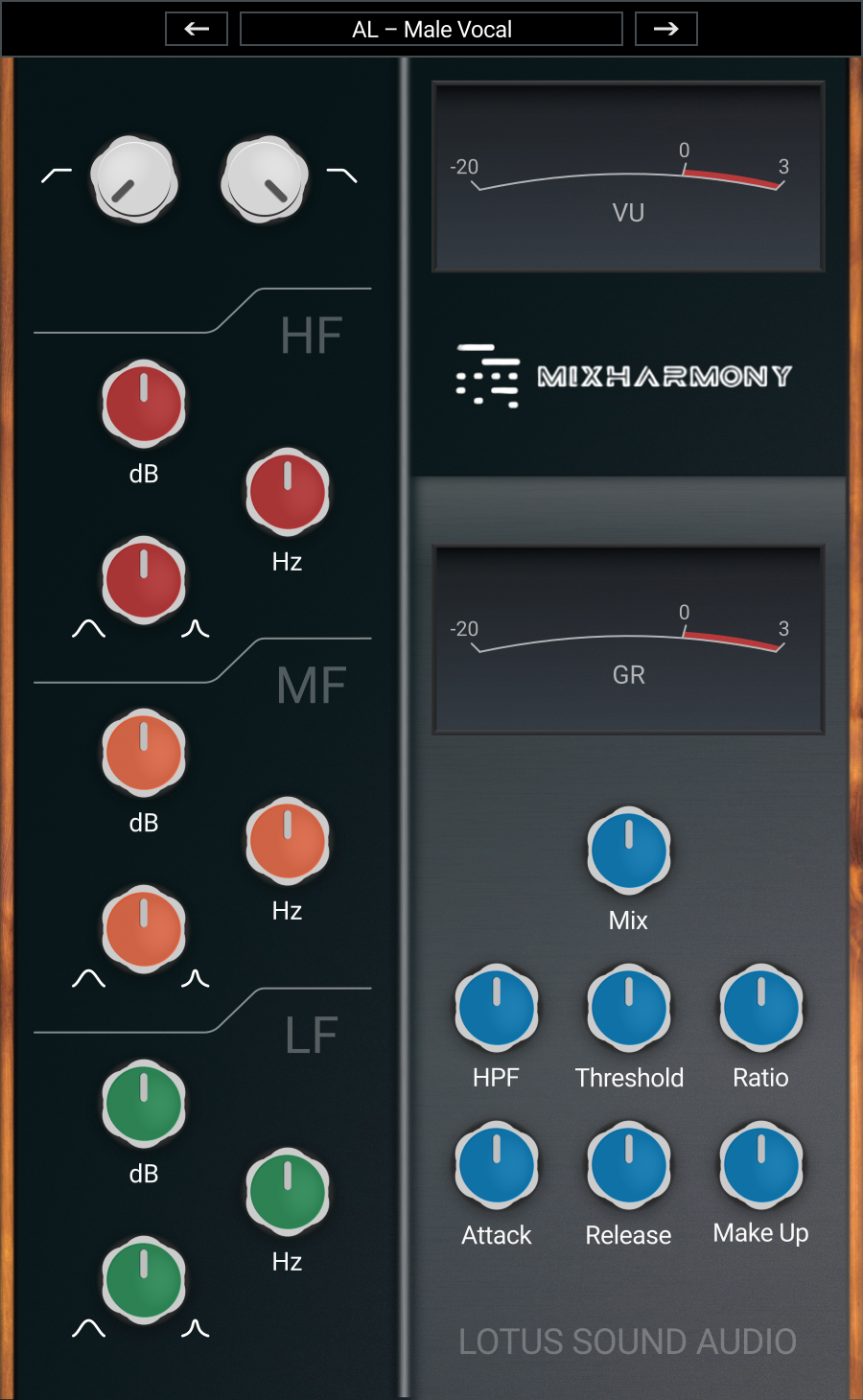 The graphical user interface for the MixHarmony digital audio effect plugin